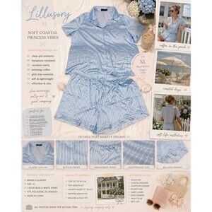 NWOT Lillusory Satin XL Powder Blue Striped Lounge Set Clean Girl Ruffled Hem